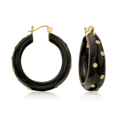 Black Jade and .35 ct. t.w. Diamond Hoop Earrings In 18kt Yellow Gold &mdash; Alt Image 1