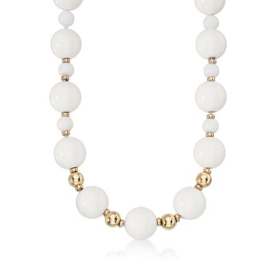 8mm and 16mm White Jade Bead Necklace in 14kt Yellow Gold. 20" &mdash; Alt Image 1