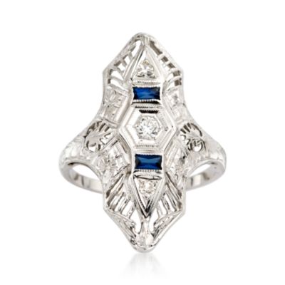 C. 1990. Vintage Engraved Dinner Ring With Diamond and Faux Sapphire Accents in 18kt White Gold. Size 5.75 &mdash; Alt Image 1