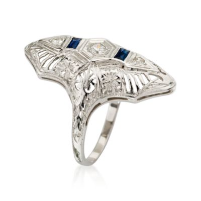 C. 1990. Vintage Engraved Dinner Ring With Diamond and Faux Sapphire Accents in 18kt White Gold. Size 5.75 &mdash; Alt Image 2