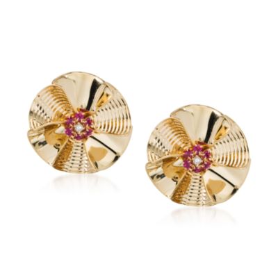 C. 1960. Vintage .50 ct. t.w. Ruby Swirl Earrings in 14kt Yellow Gold With Diamond Accents &mdash; Alt Image 1