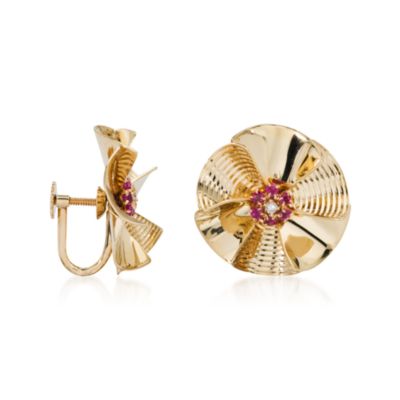 C. 1960. Vintage .50 ct. t.w. Ruby Swirl Earrings in 14kt Yellow Gold With Diamond Accents &mdash; Alt Image 2