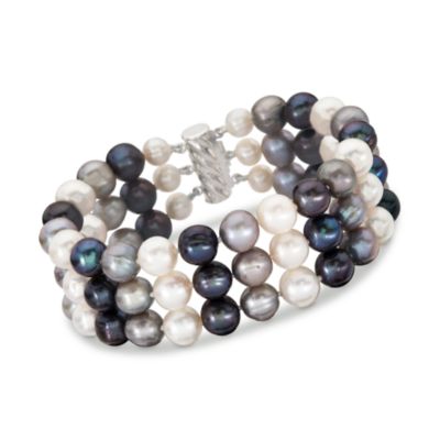 8-8.5mm Triple-Strand Cultured Pearl Bracelet in Sterling Silver &mdash; Alt Image 1