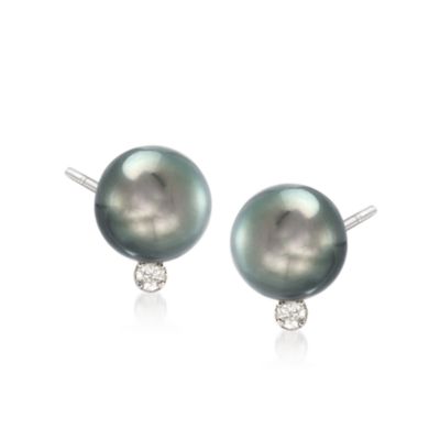 9-10mm Black Tahitian Pearl Earrings With Diamonds in 14kt White Gold &mdash; Alt Image 1