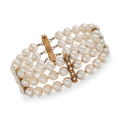 C. 1970 Vintage 6-6.5mm Cultured Pearl Bracelet With .60 ct. t.w. Diamonds In 14kt Yellow Gold. 6.75" &mdash; Alt Image 1