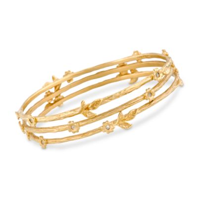 Set of Three Floral .25 ct. t.w. CZ Bangle Bracelets In Vermeil. 7" &mdash; Alt Image 1