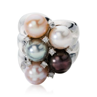 C. 1970 Vintage 8.5-9mm Cultured Pearl Cluster Ring With Diamonds in 18kt White Gold. Size 6.5 &mdash; Alt Image 1