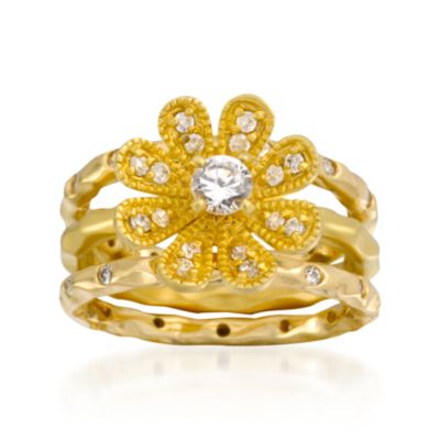 Set of Three .90 ct. t.w. CZ Daisy Rings in Vermeil. Size 5 &mdash; Alt Image 1