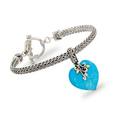 Bali Bracelet With Turquoise Heart Charm in Two-Tone. 7" &mdash; Alt Image 1