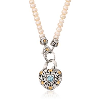 6-6.5mm Cultured Pearl Necklace With Topaz Heart In Sterling Silver and 18kt Yellow Gold. 18" &mdash; Alt Image 1