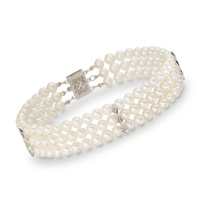 4-4.5mm Pearl Bracelet With Diamond Accents in 14kt White Gold. 7.5" &mdash; Alt Image 1