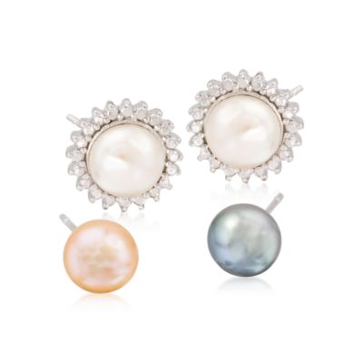 Set of Three Pairs of 8-9mm Cultured Pearl Earrings and Earring Jackets in Sterling Silver &mdash; Alt Image 1