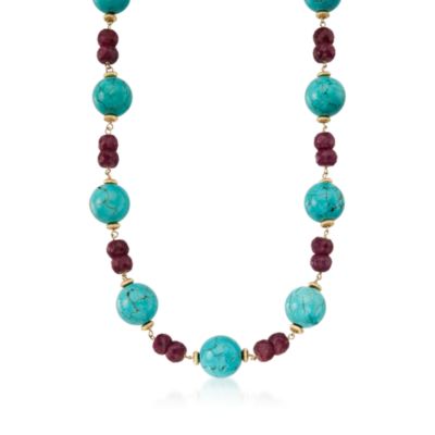 Turquoise and 67.50 ct. t.w. Ruby Necklace In 14kt Yellow Gold. 16" &mdash; Alt Image 1