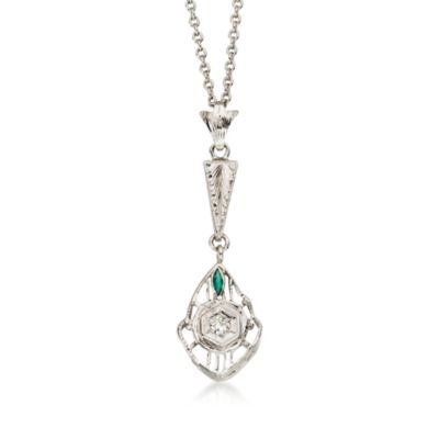 C. 1990 Vintage Faux Emerald and Diamond Accent Necklace in   14kt White Gold. 16.75" &mdash; Alt Image 1