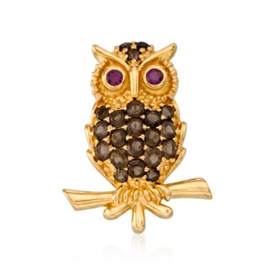 1.75 ct. t.w. Smoky Quartz and .10 ct. t.w. Ruby Owl Pin In Vermeil. Pin &mdash; Alt Image 1