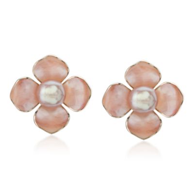 Pink Mother-Of-Pearl and 10mm Cultured Pearl Flower Earrings In Sterling Silver &mdash; Alt Image 1