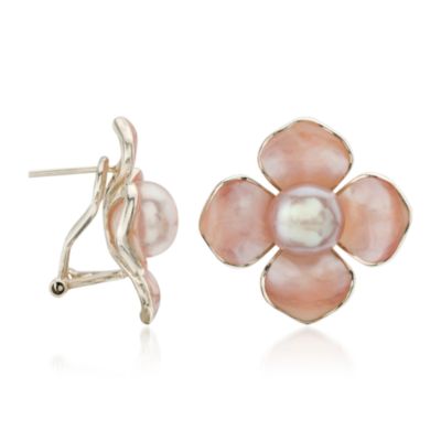 Pink Mother-Of-Pearl and 10mm Cultured Pearl Flower Earrings In Sterling Silver &mdash; Alt Image 2