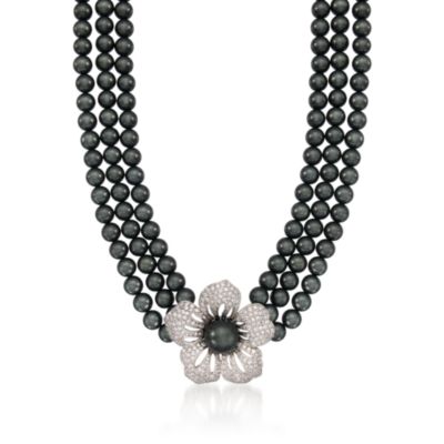 Black Mother-Of-Pearl and CZ Blossom Necklace in Sterling Silver. 18" &mdash; Alt Image 1