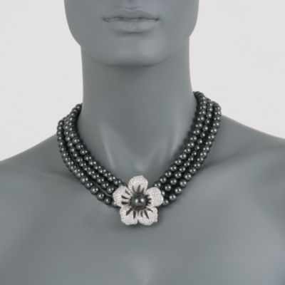 Black Mother-Of-Pearl and CZ Blossom Necklace in Sterling Silver. 18" &mdash; Alt Image 2