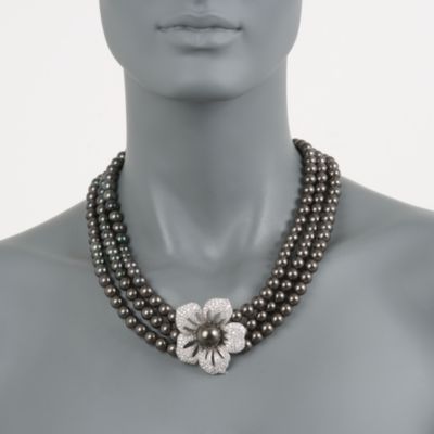 Black Mother-Of-Pearl and CZ Blossom Necklace in Sterling Silver. 18" &mdash; Alt Image 3