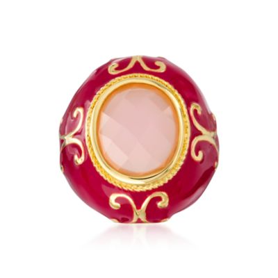 Red Enamel and Faux Rose Quartz Ring in Vermeil. Size 5 &mdash; Alt Image 1