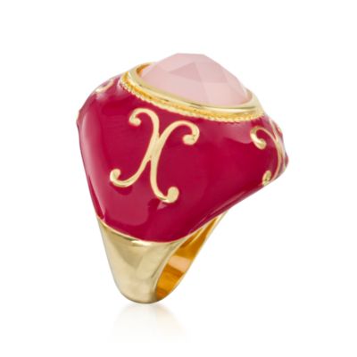 Red Enamel and Faux Rose Quartz Ring in Vermeil. Size 5 &mdash; Alt Image 2