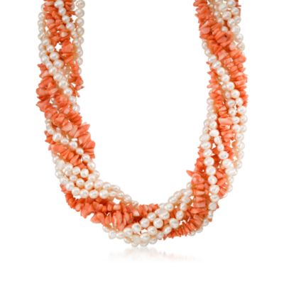 Coral and Pearl Torsade Necklace in Sterling Silver. 18" &mdash; Alt Image 1