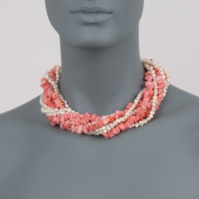 Coral and Pearl Torsade Necklace in Sterling Silver. 18" &mdash; Alt Image 2