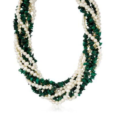 Malachite and Pearl Torsade Necklace in Sterling Silver. 18" &mdash; Alt Image 1