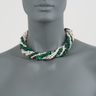 Malachite and Pearl Torsade Necklace in Sterling Silver. 18" &mdash; Alt Image 2