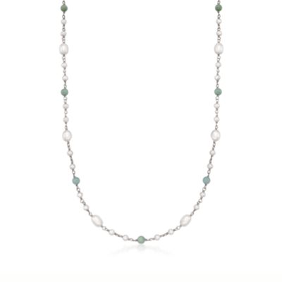 3.5-6mm Cultured Pearl and Green Jade Necklace In Sterling Silver &mdash; Alt Image 1