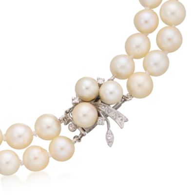 C. 1970 Vintage 7-7.65mm Cultured Pearl and .20 ct. t.w. Diamond Necklace In 14kt White Gold. 15.25" &mdash; Alt Image 2
