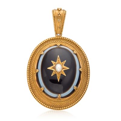 C.1950 Vintage 5.5x3.6mm Cultured Pearl and Agate Pendant in 18kt Yellow Gold &mdash; Alt Image 1