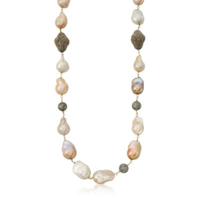 12-15mm Multicolored Cultured Biwa Pearl and 19.90 ct. t.w. Pave Diamond Necklace in 18kt Yellow Gold. 36" &mdash; Alt Image 1