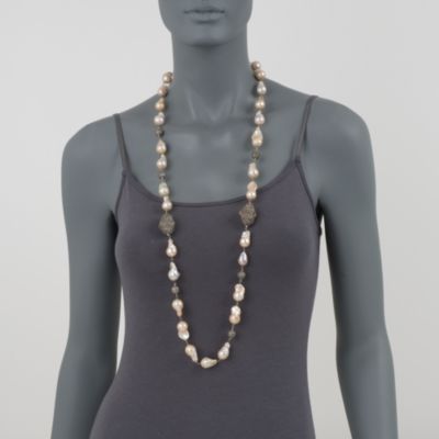 12-15mm Multicolored Cultured Biwa Pearl and 19.90 ct. t.w. Pave Diamond Necklace in 18kt Yellow Gold. 36" &mdash; Alt Image 2