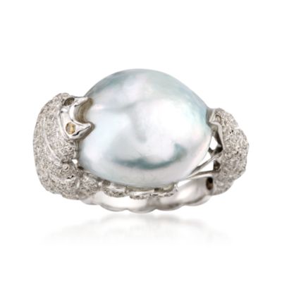 16mm Gray Cultured Biwa Pearl and Diamond Ring In 18kt White Gold. Size 9 &mdash; Alt Image 1