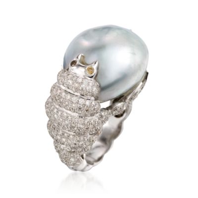 16mm Gray Cultured Biwa Pearl and Diamond Ring In 18kt White Gold. Size 9 &mdash; Alt Image 2