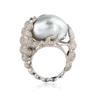 16mm Gray Cultured Biwa Pearl and Diamond Ring In 18kt White Gold. Size 9 &mdash; Alt Image 3