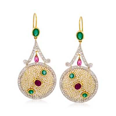 5.00 ct. t.w. Multi-Gem and 1.70 ct. t.w. Diamond Earrings With Cultured Pearls In Sterling Silver and 18kt Yellow Gold &mdash; Alt Image 1