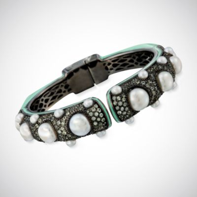 M.C.L. Designs 5.30 ct. t.w. Green Sapphire and 4-9.5mm Cultured Pearl Bangle Bracelet In Sterling Silver. 7" &mdash; Alt Image 1
