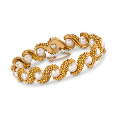 C. 1970 Vintage 7-7.5mm Cultured Pearl Bracelet in 18kt Yellow Gold. 6.25" &mdash; Alt Image 1