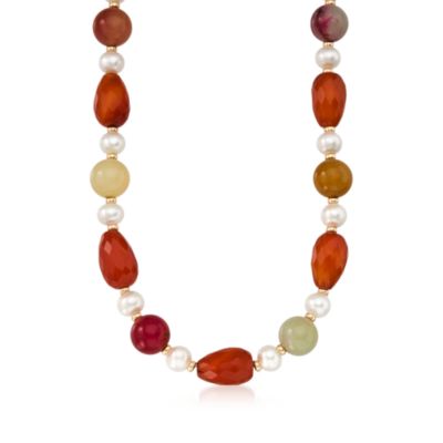 9-10mm Cultured Pearl Carnelian and Jade 14kt Yellow Gold Necklace. 16" &mdash; Alt Image 1