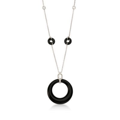 C. 1990 Vintage Onyx and 1.15 ct. t.w. Diamonds Necklace In Platinum. 19.5" &mdash; Alt Image 1