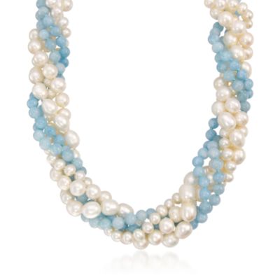 Aquamarine and 5.5-8mm  Cultured Pearl Torsade Necklace With Sterling Silver Clasp. 18" &mdash; Alt Image 1