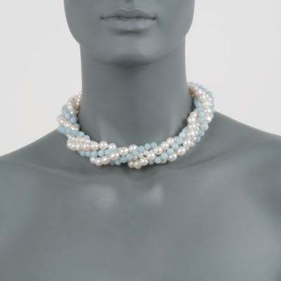 Aquamarine and 5.5-8mm  Cultured Pearl Torsade Necklace With Sterling Silver Clasp. 18" &mdash; Alt Image 2