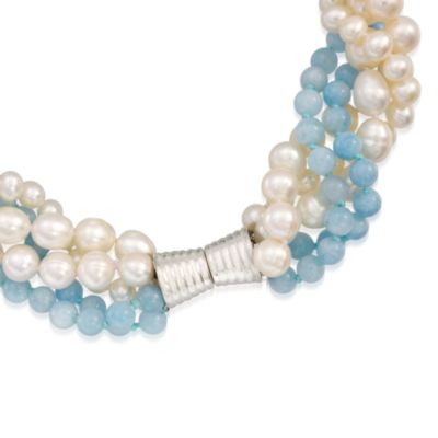 Aquamarine and 5.5-8mm  Cultured Pearl Torsade Necklace With Sterling Silver Clasp. 18" &mdash; Alt Image 3