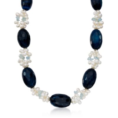 4-6mm Cultured Pearl and 27.00 ct. t.w. Aquamarine Necklace With Blue Agate in Sterling Silver. 30" &mdash; Alt Image 1