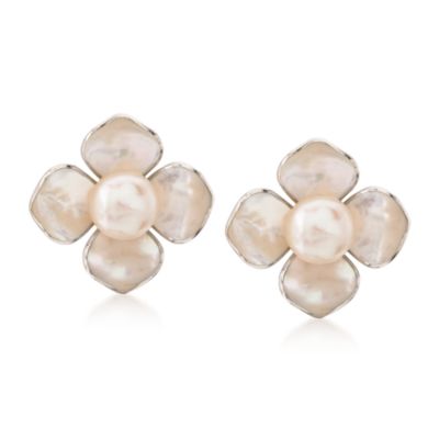 Mother-Of-Pearl and 10mm Cultured Pearl Floral Earrings in Sterling Silver &mdash; Alt Image 1