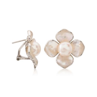 Mother-Of-Pearl and 10mm Cultured Pearl Floral Earrings in Sterling Silver &mdash; Alt Image 3