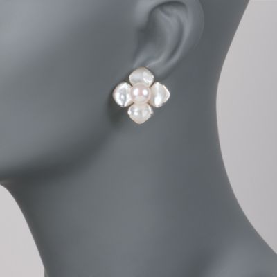 Mother-Of-Pearl and 10mm Cultured Pearl Floral Earrings in Sterling Silver &mdash; Alt Image 2